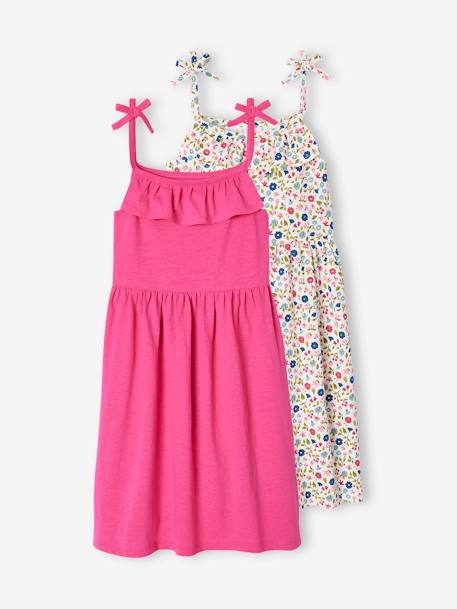 Pack de 2 vestidos de tirantes 1 estampado + 1 liso, para niña AZUL MEDIO BICOLOR/MULTICOLOR+fucsia 