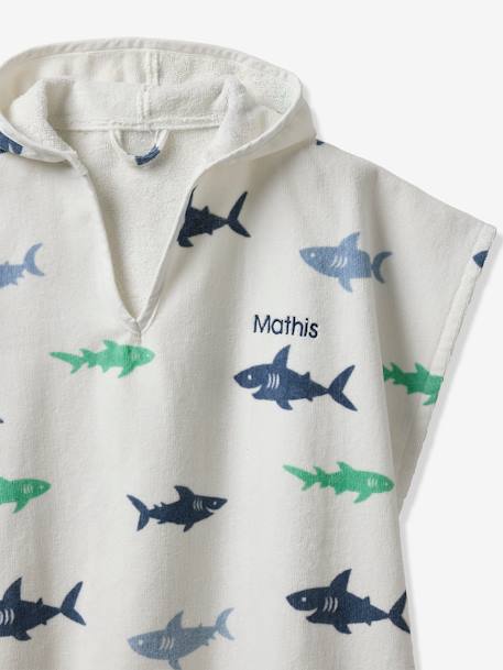 Poncho de baño infantil TIBURONES personalizable, con algodón reciclado blanco estampado 