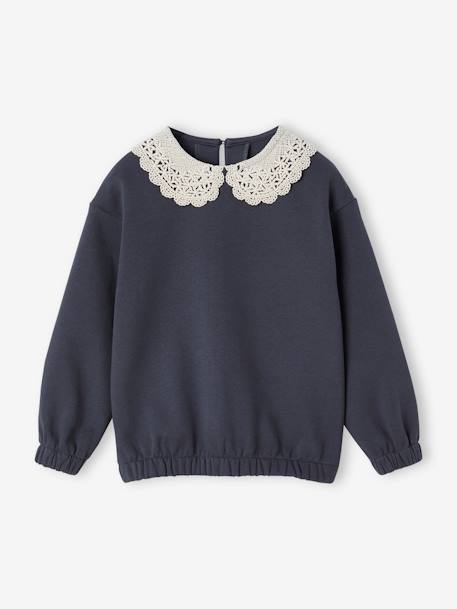 Sudadera cuello fantasía de macramé niña gris oscuro+rosado 