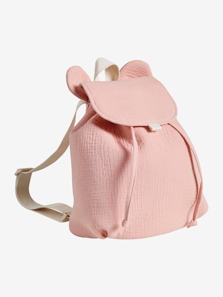 Mochila guardería personalizable de gasa de algodón con orejitas rosa maquillaje+verde sauce 