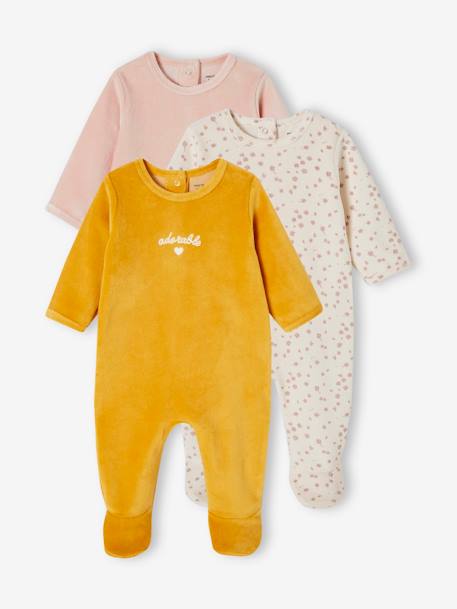 Pack de 3 pijamas para bebé de terciopelo BASICS camello+capuchino+rosa maquillaje 