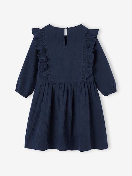 Vestido con volantes de gasa de algodón para niña azul marino+rosa viejo 