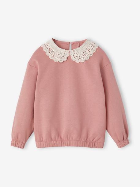 Sudadera cuello fantasía de macramé niña gris oscuro+rosado 