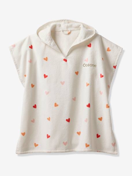 Poncho de baño infantil personalizable CORAZONES con algodón reciclado blanco estampado 