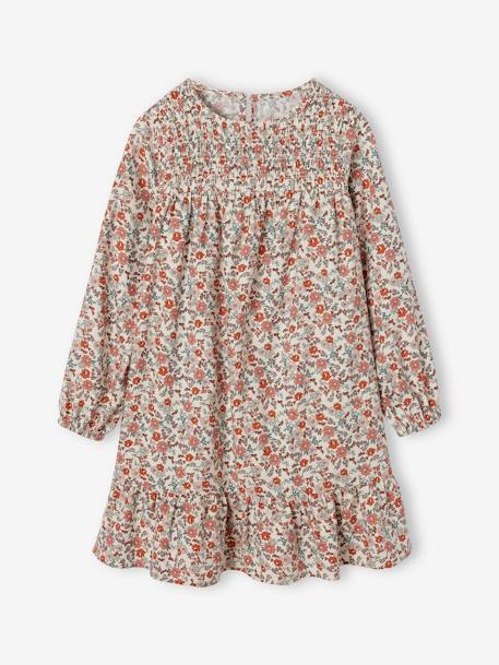 Vestido de manga larga con smocks y motivos de flores para niña azul marino+crudo 