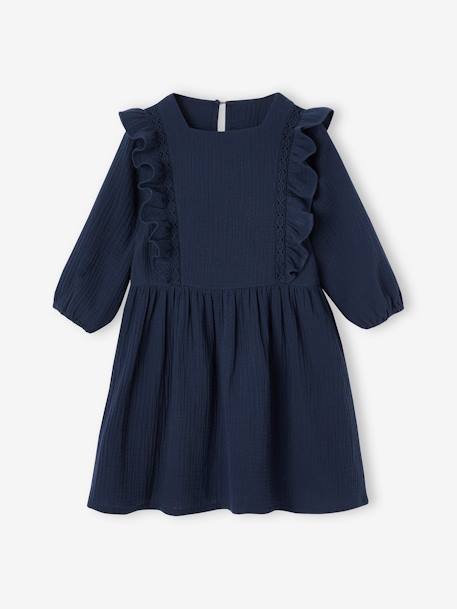 Vestido con volantes de gasa de algodón para niña azul marino+rosa viejo 