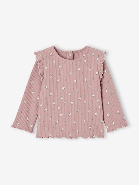 Camiseta de canalé mangas con volantes bebé niña crudo+malva 