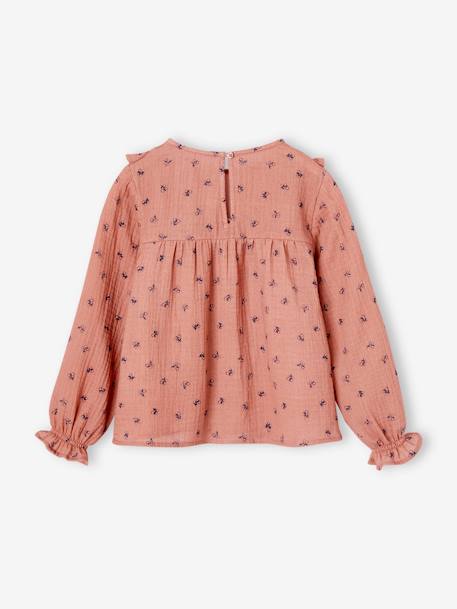 Blusa con volante para niña de gasa de algodón crudo+rosado+verde grisáceo 