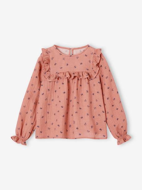 Blusa con volante para niña de gasa de algodón crudo+rosado+verde grisáceo 