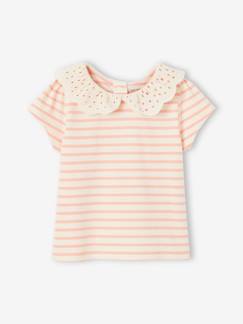 camisetas-Camiseta a rayas con cuello de bordado inglés para bebé niña