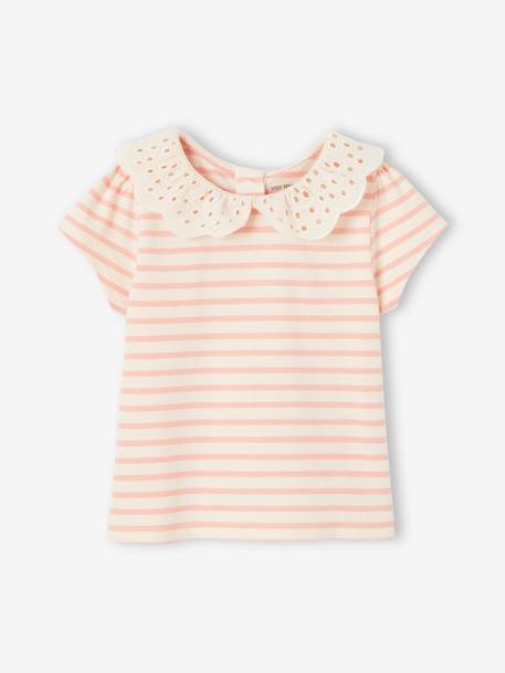 Bebé-Camisetas-Camiseta a rayas con cuello de bordado inglés para bebé niña