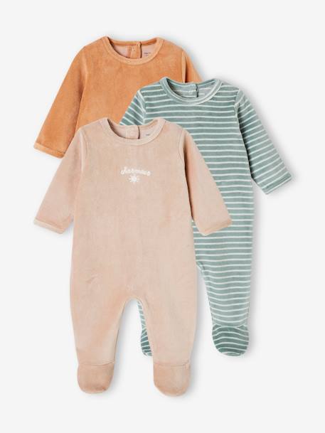 Pack de 3 pijamas para bebé de terciopelo BASICS camello+capuchino+rosa maquillaje 