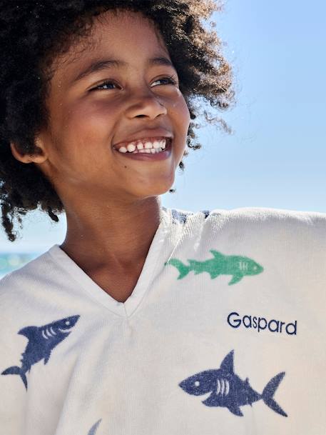 Poncho de baño infantil TIBURONES personalizable, con algodón reciclado blanco estampado 