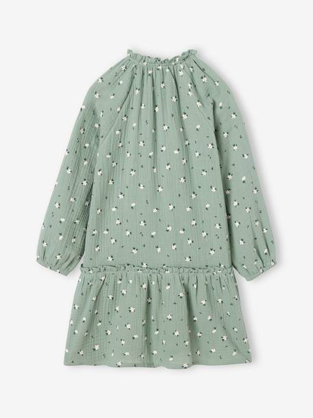 Vestido estampado de flores de gasa de algodón niña gris oscuro+verde grisáceo 