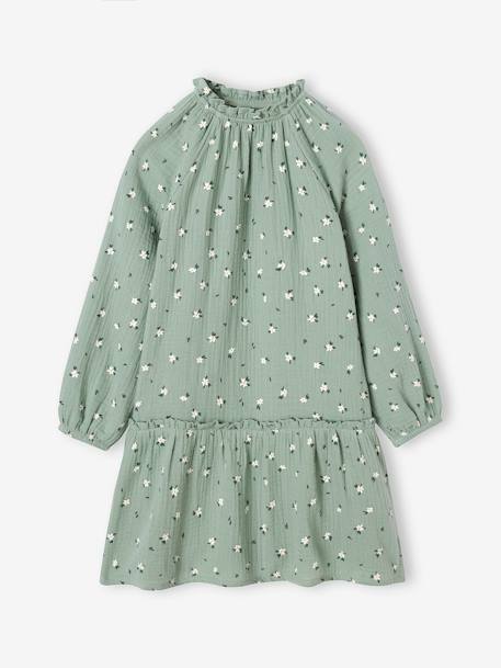 Vestido estampado de flores de gasa de algodón niña gris oscuro+verde grisáceo 