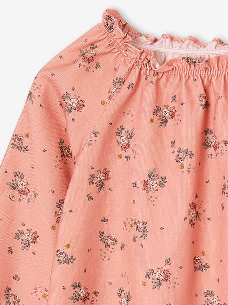 Blusa de pana milrayas con estampado de flores para niña gris oscuro+rosa maquillaje+verde agua 