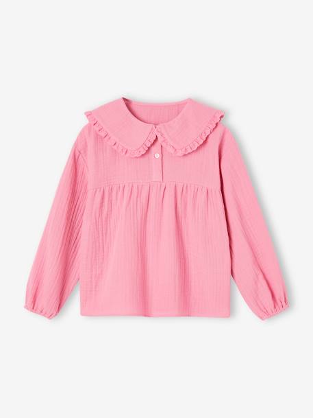 Blusa de gasa con cuello Peter Pan fantasía para niña azul grisáceo+rosa viejo 