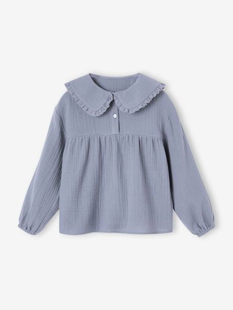 Blusa de gasa con cuello Peter Pan fantasía para niña azul grisáceo+rosa viejo 