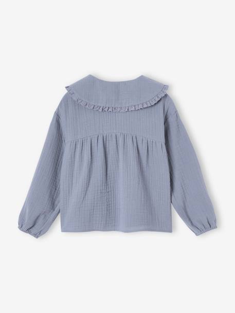 Blusa de gasa con cuello Peter Pan fantasía para niña azul grisáceo+rosa viejo 