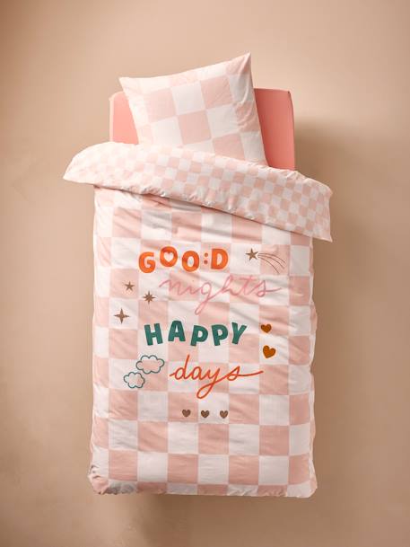 Conjunto de funda nórdica + funda de almohada infantil CUADROS GOOD VIBES con algodón reciclado cuadros rosa 