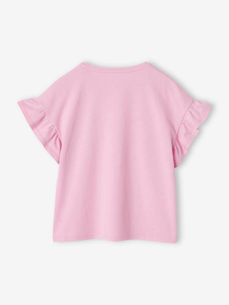 Camiseta para niña de manga corta con volantes malva 