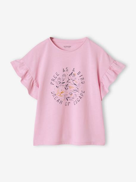 Camiseta para niña de manga corta con volantes malva 