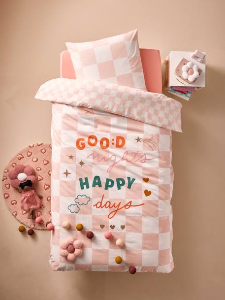 Conjunto de funda nórdica + funda de almohada infantil CUADROS GOOD VIBES con algodón reciclado cuadros rosa 