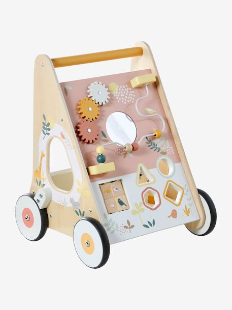 Carrito andador con frenos de madera FSC® BLANCO MEDIO LISO CON MOTIVOS+madera+rosa 