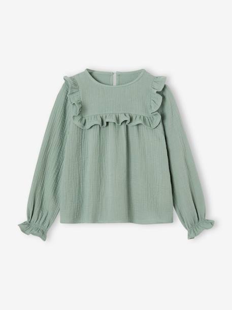 Blusa con volante para niña de gasa de algodón crudo+rosado+verde grisáceo 