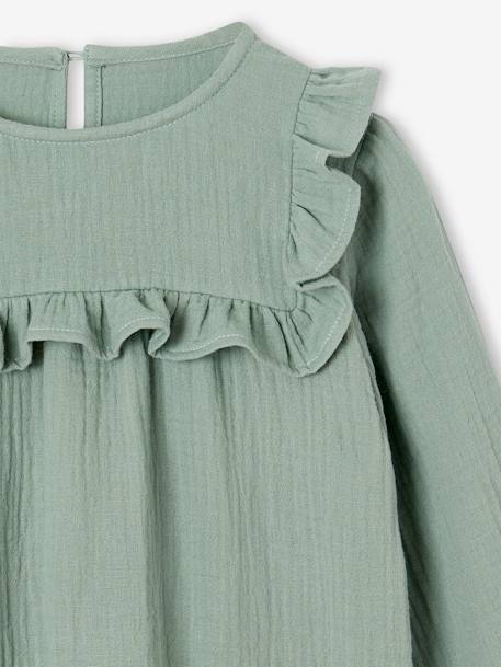 Blusa con volante para niña de gasa de algodón crudo+rosado+verde grisáceo 