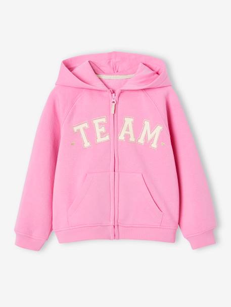 Sudadera deportiva con cremallera y capucha con motivo «Team» para niña azul marino+rosa chicle+verde 