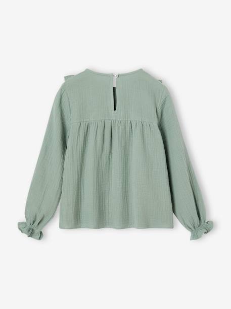 Blusa con volante para niña de gasa de algodón crudo+rosado+verde grisáceo 