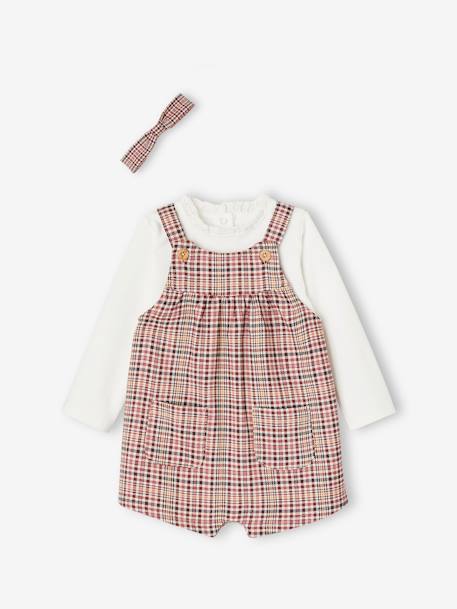 Conjunto peto corto a cuadros + camiseta y cinta para el pelo para bebé niña rosa palo 