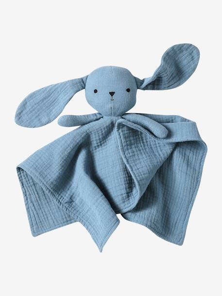 Doudou de gasa de algodón y su maletita azul+ocre+rosa 