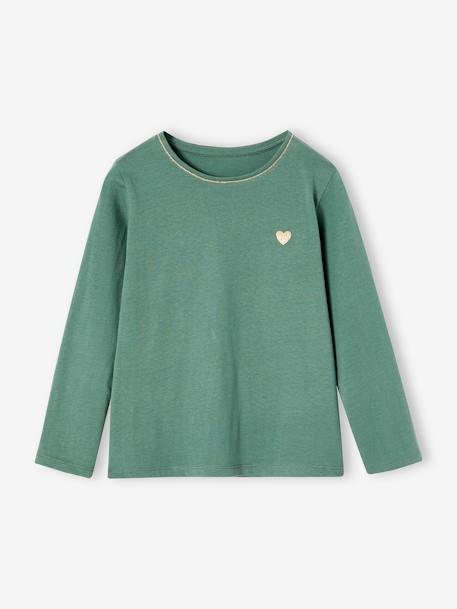 Camiseta Basics corazón purpurina manga larga niña crudo+verde esmeralda 