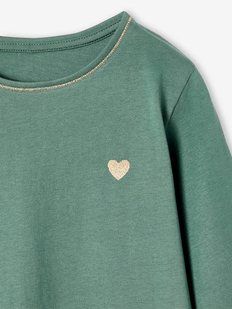 Camiseta Basics corazón purpurina manga larga niña crudo+verde esmeralda 