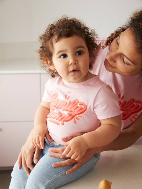 Camiseta para niña Family Team colección cápsula Vertbaudet y Studio Jonesie de algodón orgánico ROSA CLARO LISO CON MOTIVOS 