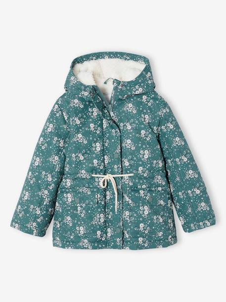 Parka con capucha y motivos de flores con forro sherpa para niña verde esmeralda 