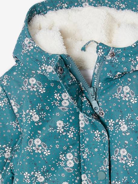 Parka con capucha y motivos de flores con forro sherpa para niña verde esmeralda 