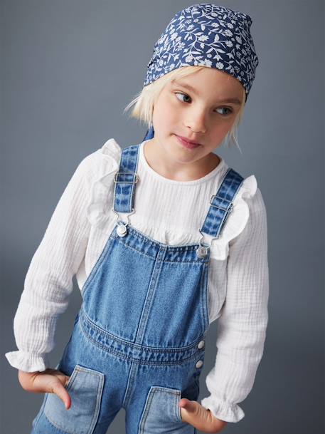 Peto vaquero ancho con bolsillos a contraste para niña azul medio 