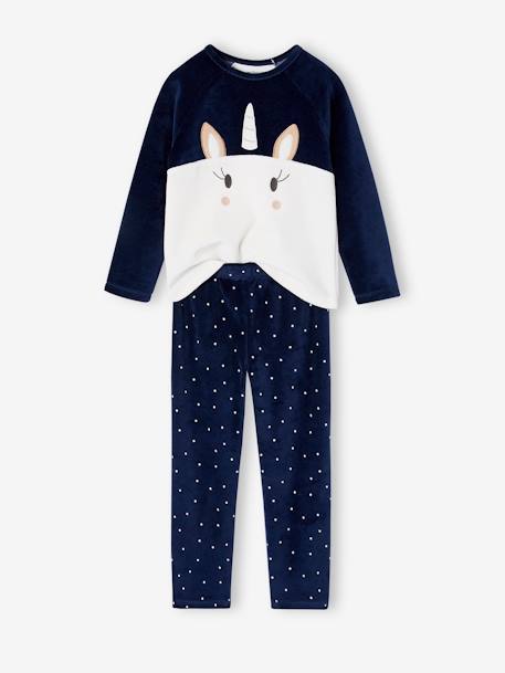 Pijama de terciopelo 'unicornio' niña azul marino 