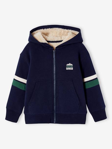 Sudadera con capucha y cremallera con forro sherpa para niño azul marino+gris oscuro+verde 