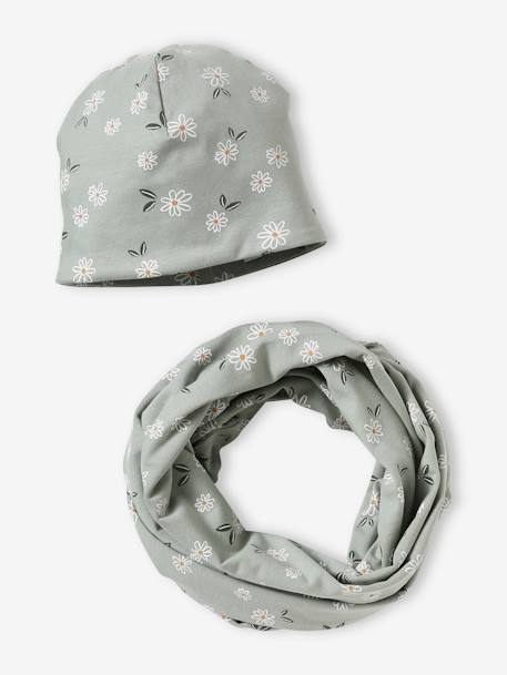 Conjunto con estampado de flores para niña: gorro + snood rosa maquillaje+verde grisáceo 