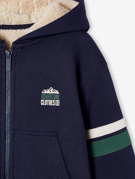 Sudadera con capucha y cremallera con forro sherpa para niño azul marino+gris oscuro+verde 