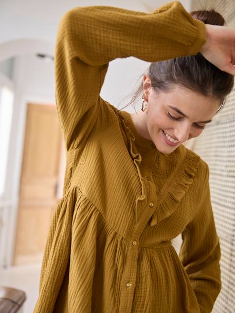 Blusa con volante de gasa de algodón para embarazo y lactancia aceituna 