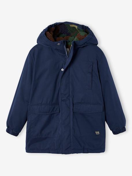 Parka con capucha y forro sherpa de camuflaje para niño azul oscuro 