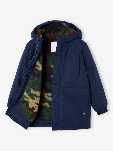 Parka con capucha y forro sherpa de camuflaje para niño azul oscuro 