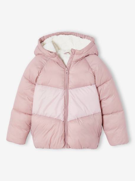 Chaqueta acolchada con capucha colorblock para niña malva 