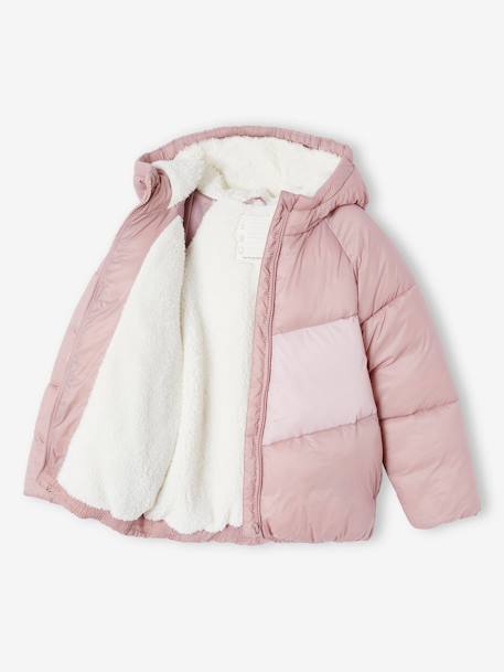 Chaqueta acolchada con capucha colorblock para niña malva 