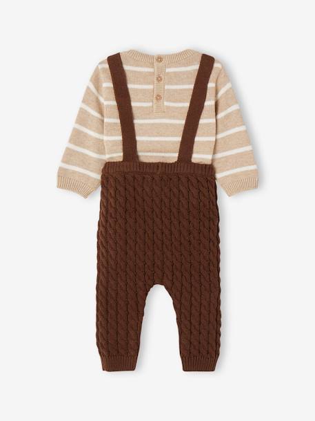 Conjunto bebé de jersey a rayas y pantalón con tirantes de punto tricot trenzado chocolate 